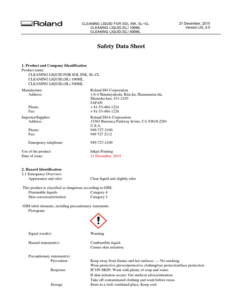 Safety Data Sheet for Cleaning Liquid for Sol Ink PDF