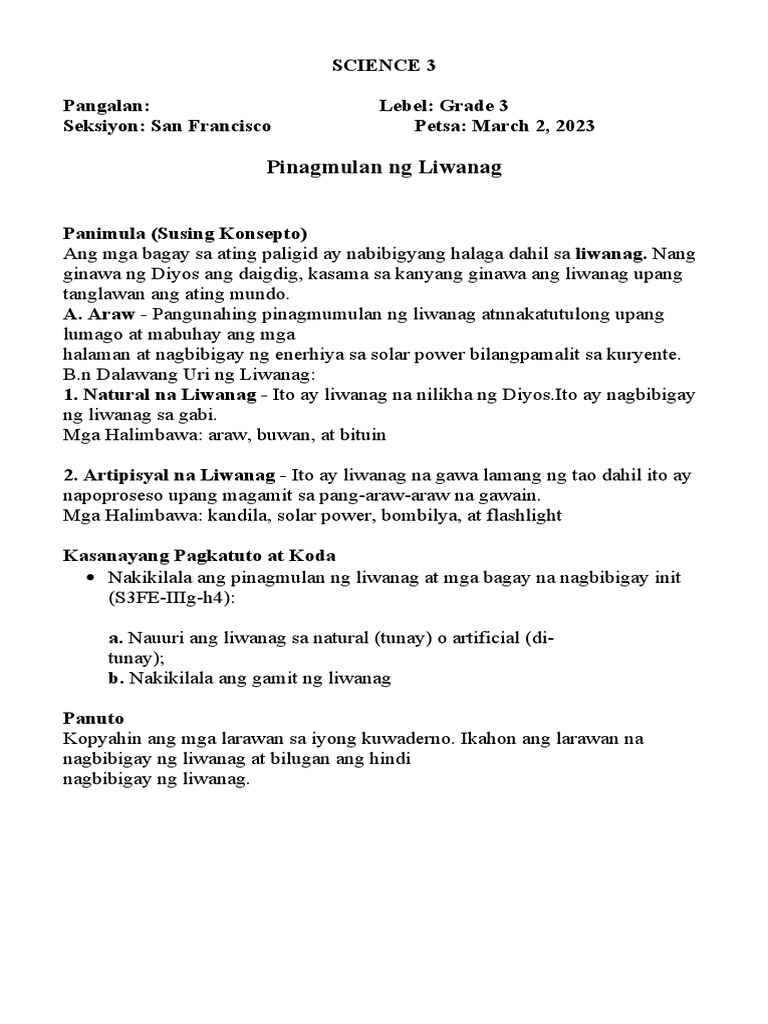 Sample Template For Learner Activity Sheet (LAS) TAGALOG) PDF
