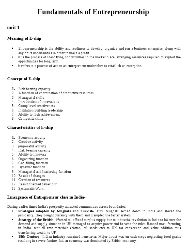 E Ship Unit 1, 2 PDF Entrepreneurship Business