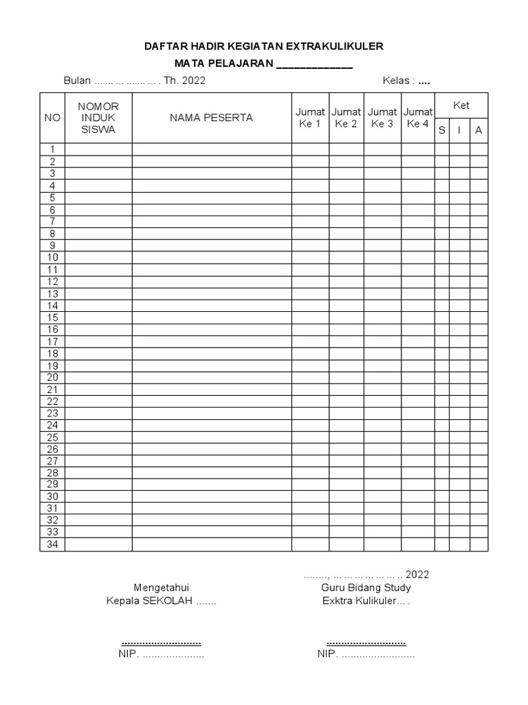 Daftar Hadir Ekstrakurikuler 2022 | PDF