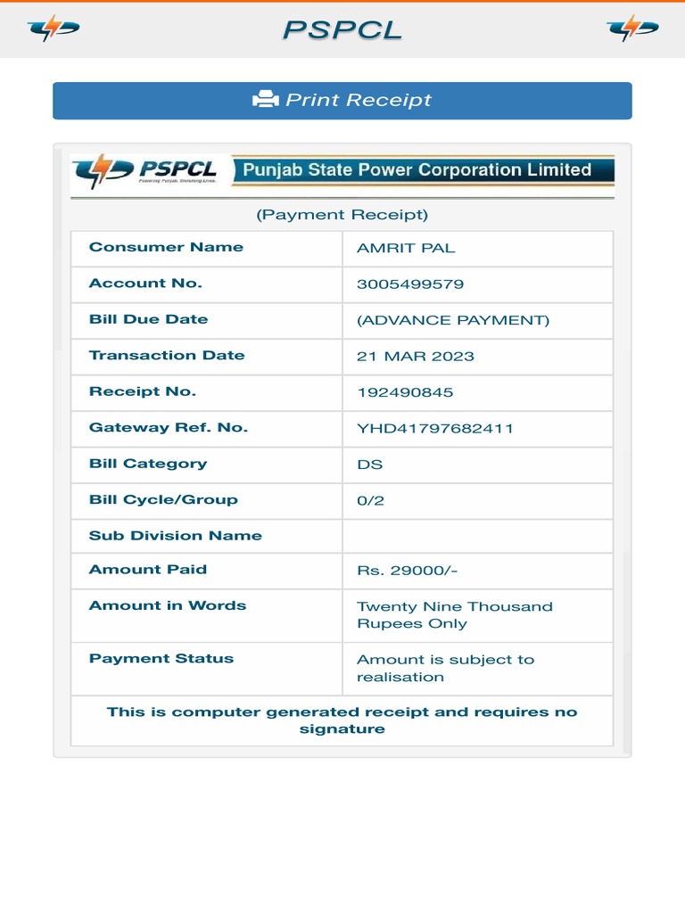 PSPCL Receipt For Txnid INT2303214711165 PDF PDF