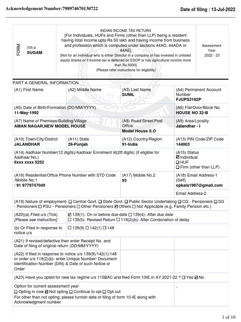 Tax Return for Individuals with Total up to Rs. 50 Lakh