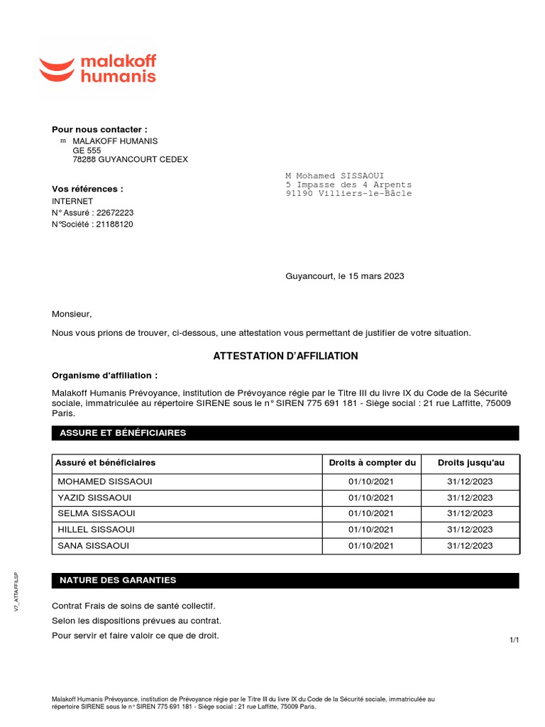 Attestation d'affiliation Malakoff Humanis | PDF