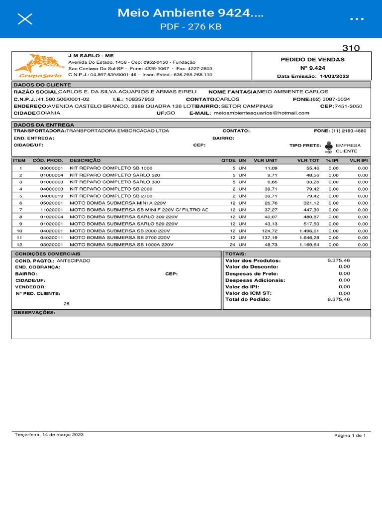 Pedido de Vendas - Meio Ambiente 9424 | PDF
