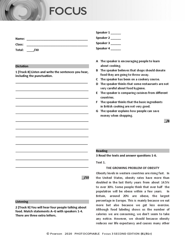 Focus3 2E Unit Test Dictation Listening Reading Unit4 GroupB | PDF ...