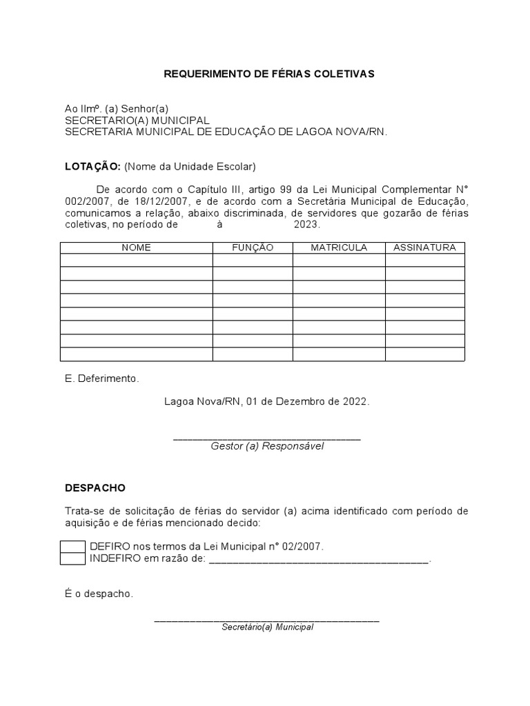 Requerimento de Ferias Coletivas Modelo | PDF
