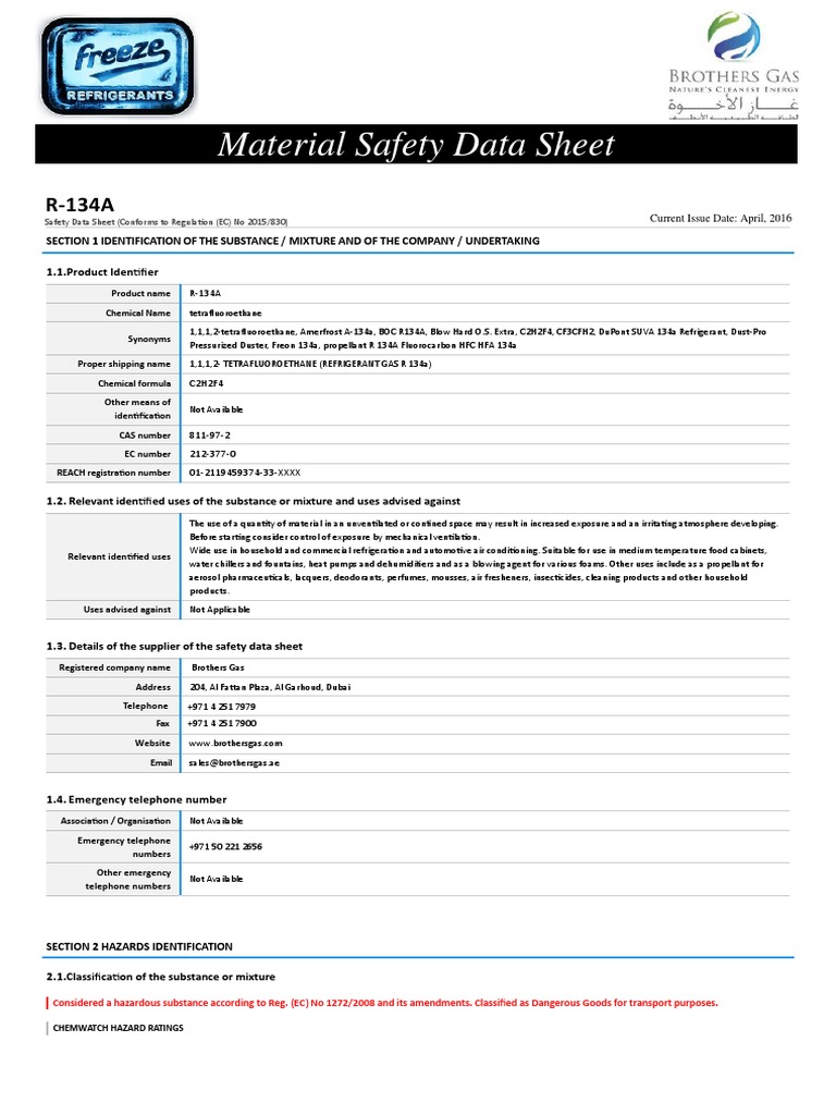 MSDS of R134a PDF Magnesium Aluminium