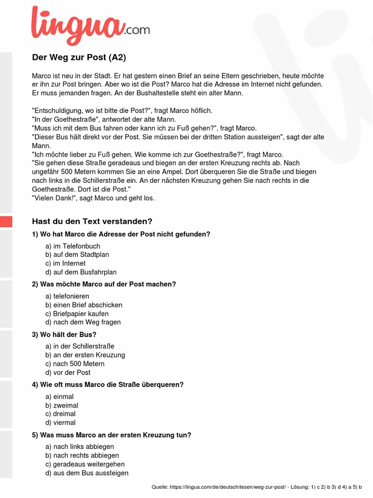 A2 - Deutsch Text - Der Weg Zur Post | PDF