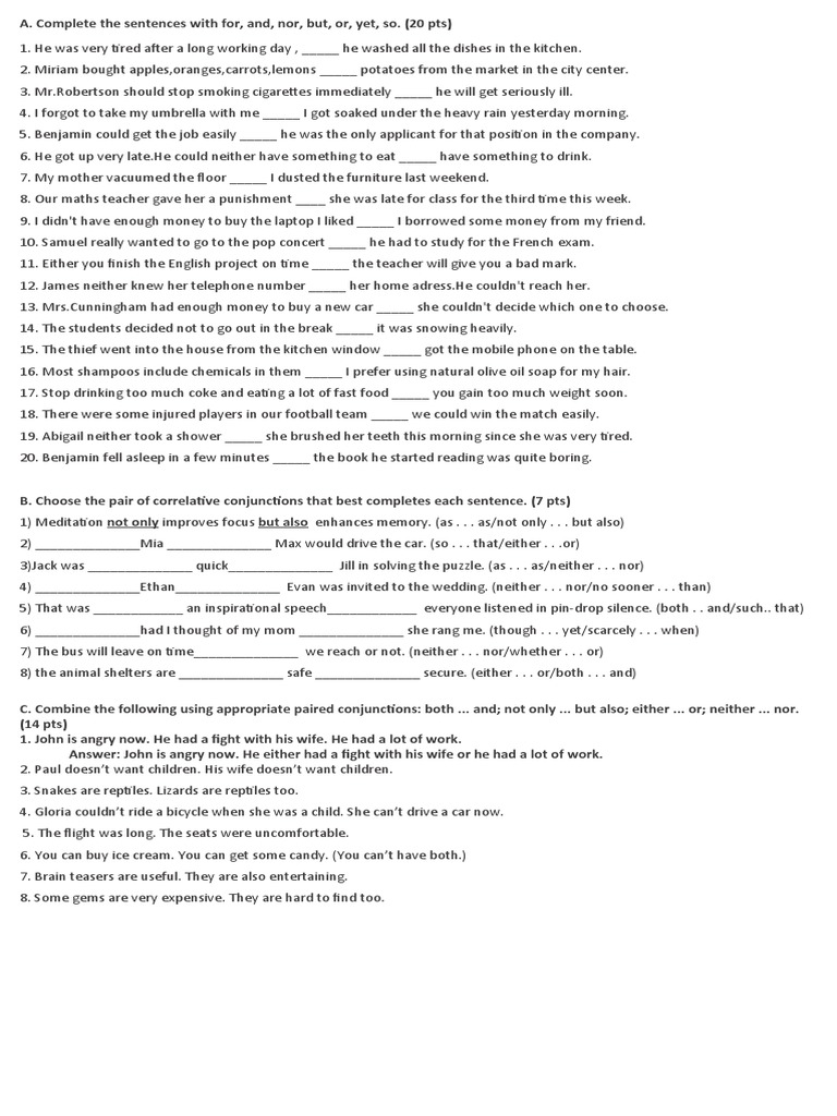 Conjunctions Worksheet PDF