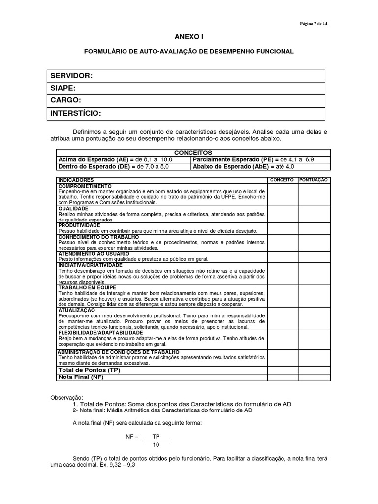 Formulário de Autoavaliação Funcional | PDF | Carreira e Crescimento ...