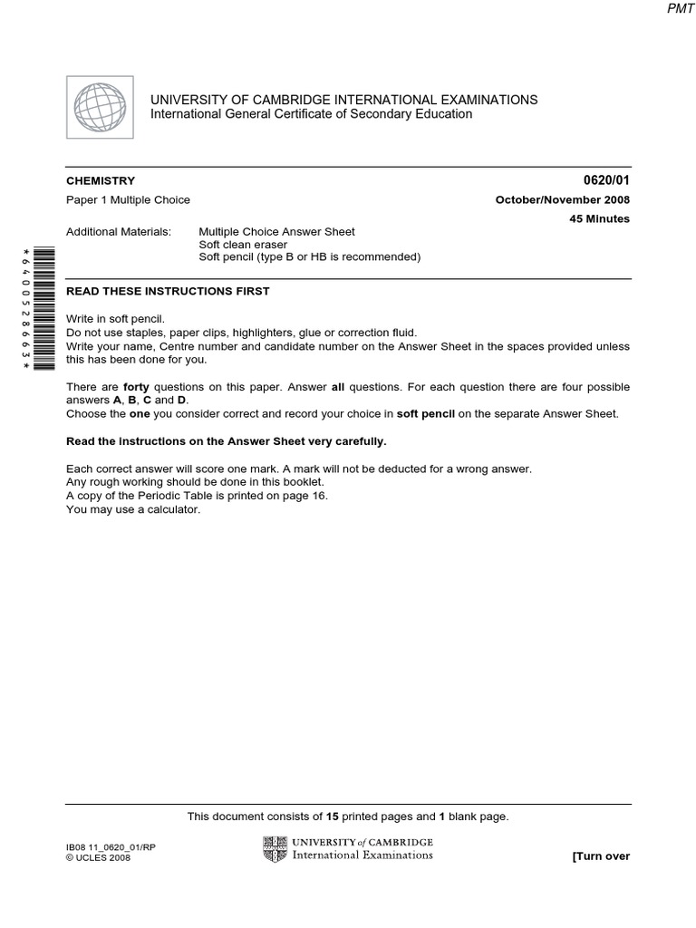 November 2008 QP Paper 1 CIE Chemistry IGCSE PDF Hydrogen Iron