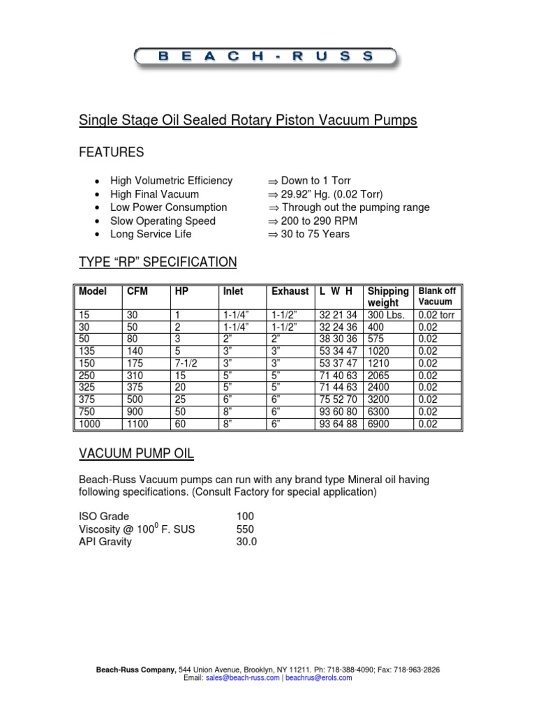 Beach-Russ Vacuum Pump Specifications | PDF