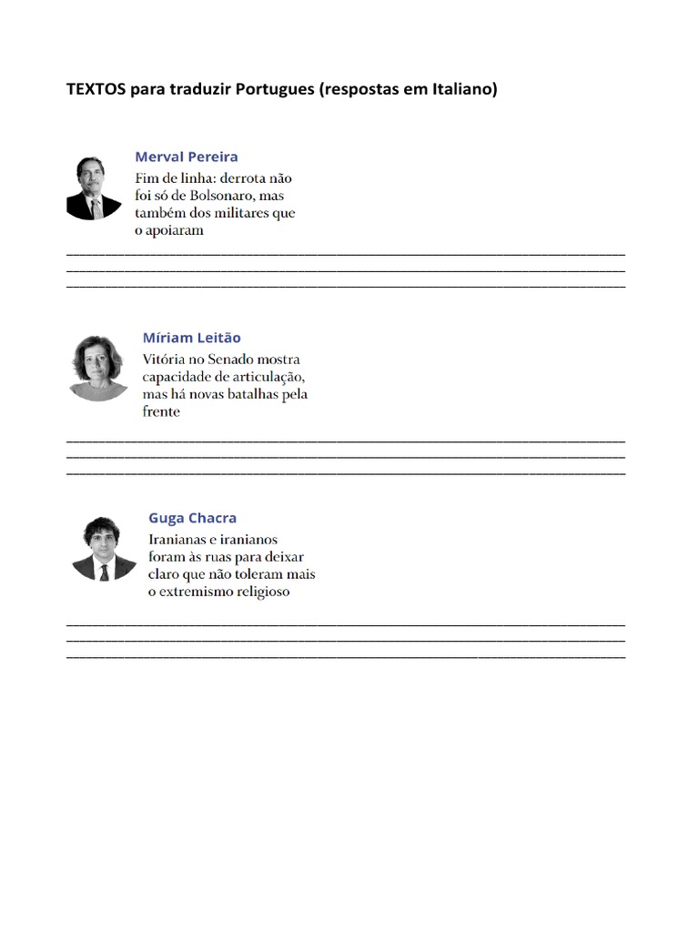 TEXTOS para Traduzir Portugues (Respostas em Italiano) PDF