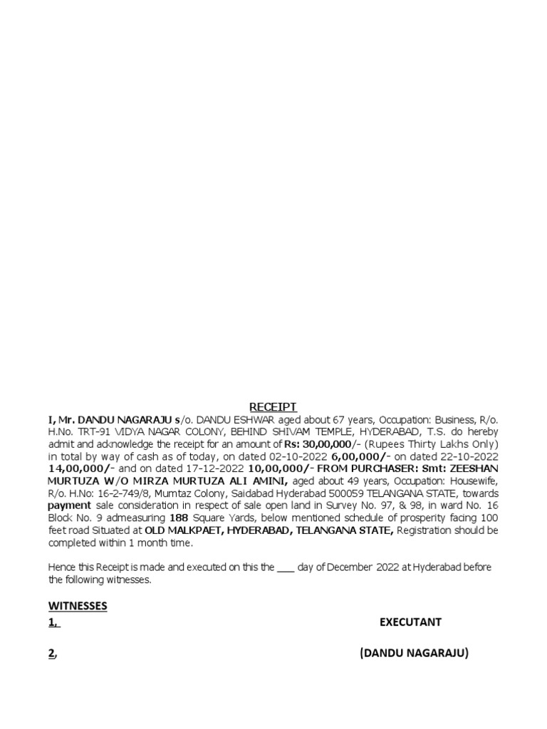 Land sale receipt Rs 30 lakhs Hyderabad | PDF