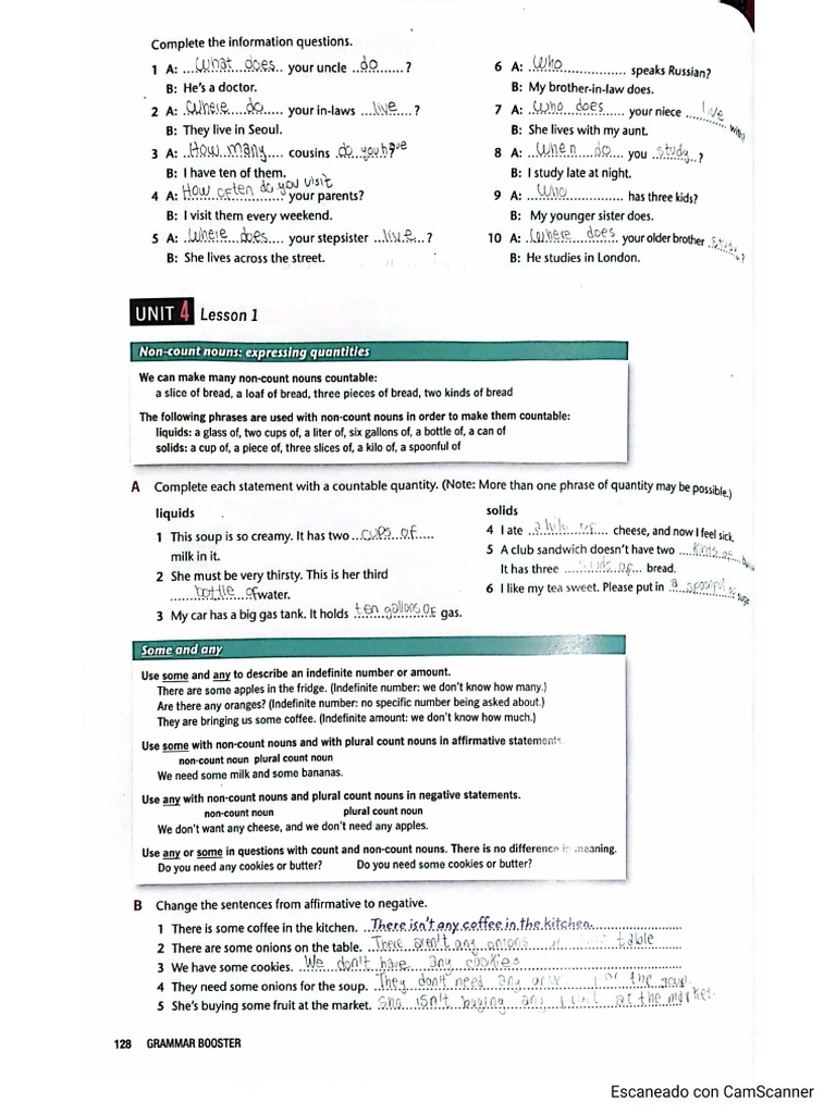 GRAMMAR BOOSTER PAGES #128, 129 and 130 Unit N°4 | PDF
