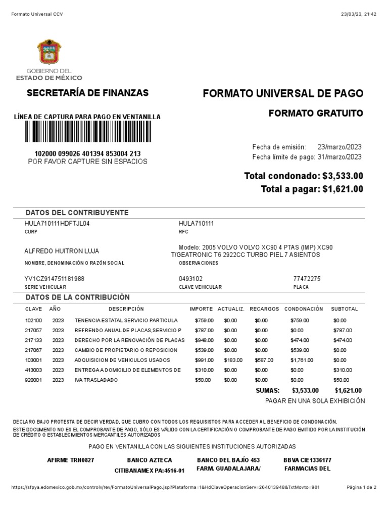 Formato Universal de Pago CCV 2023 | PDF | Bancos | Finanzas personales