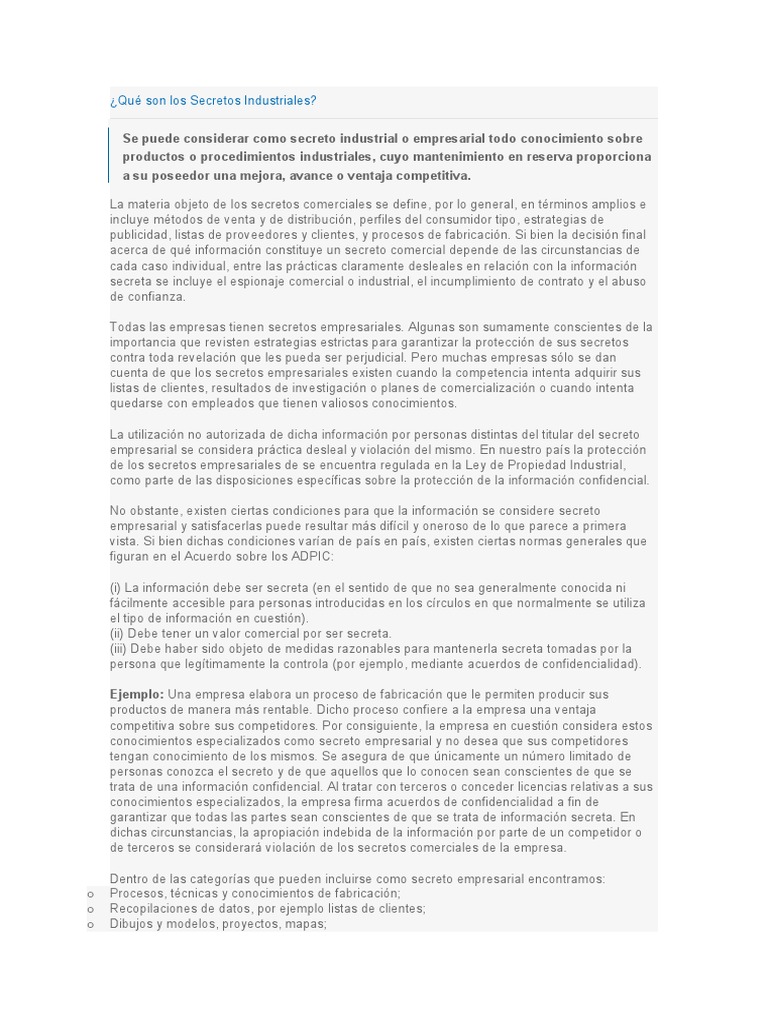 Qué Son Los Secretos Industriales PDF Patentar Derecho penal