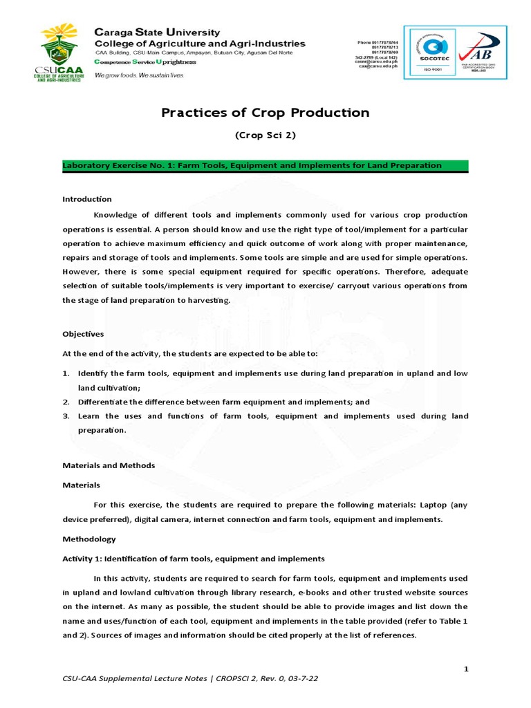Practices of Crop Production Laboratory Exercise No. 1 Farm Tools