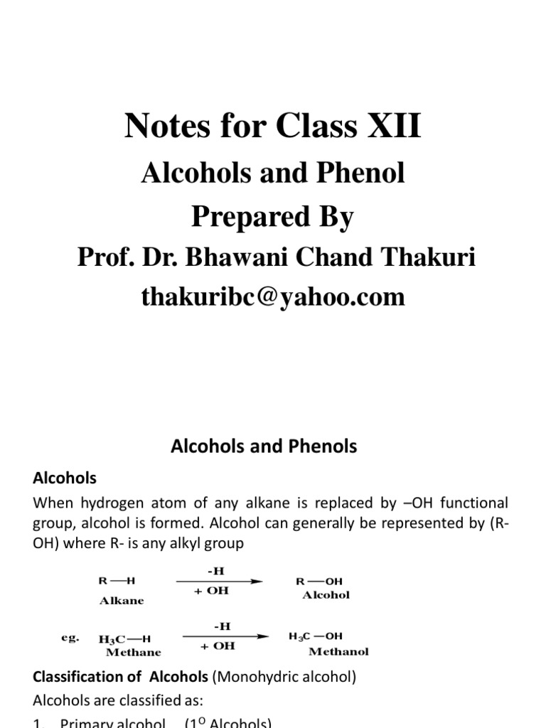 Alcohols and Phenols Class XII Notes PDF Alcoholic Beverages Ethanol