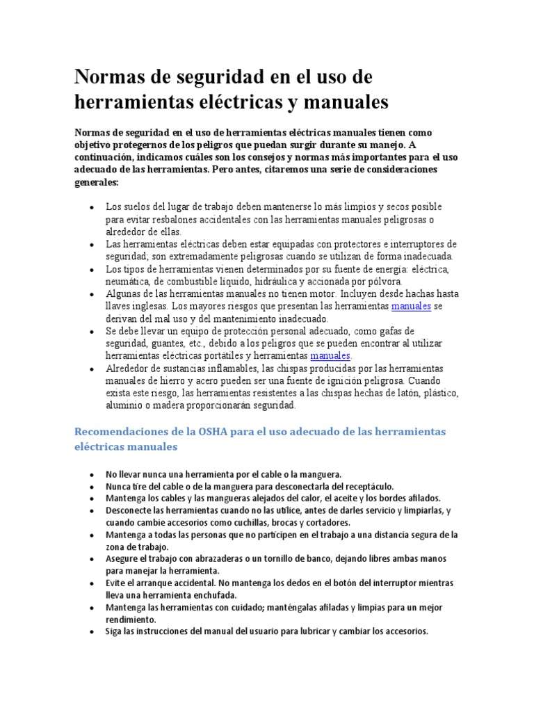 Normas de Seguridad en El Uso de Herramientas Eléctricas y Manuales ...