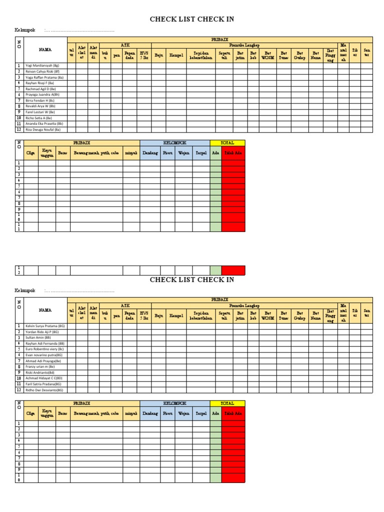 Check List Check in PDF