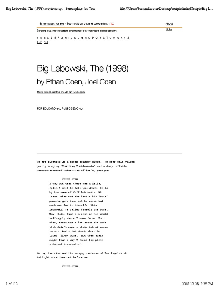 Big Lebowski The 1998 Movie Script Screenplays For You Pdf