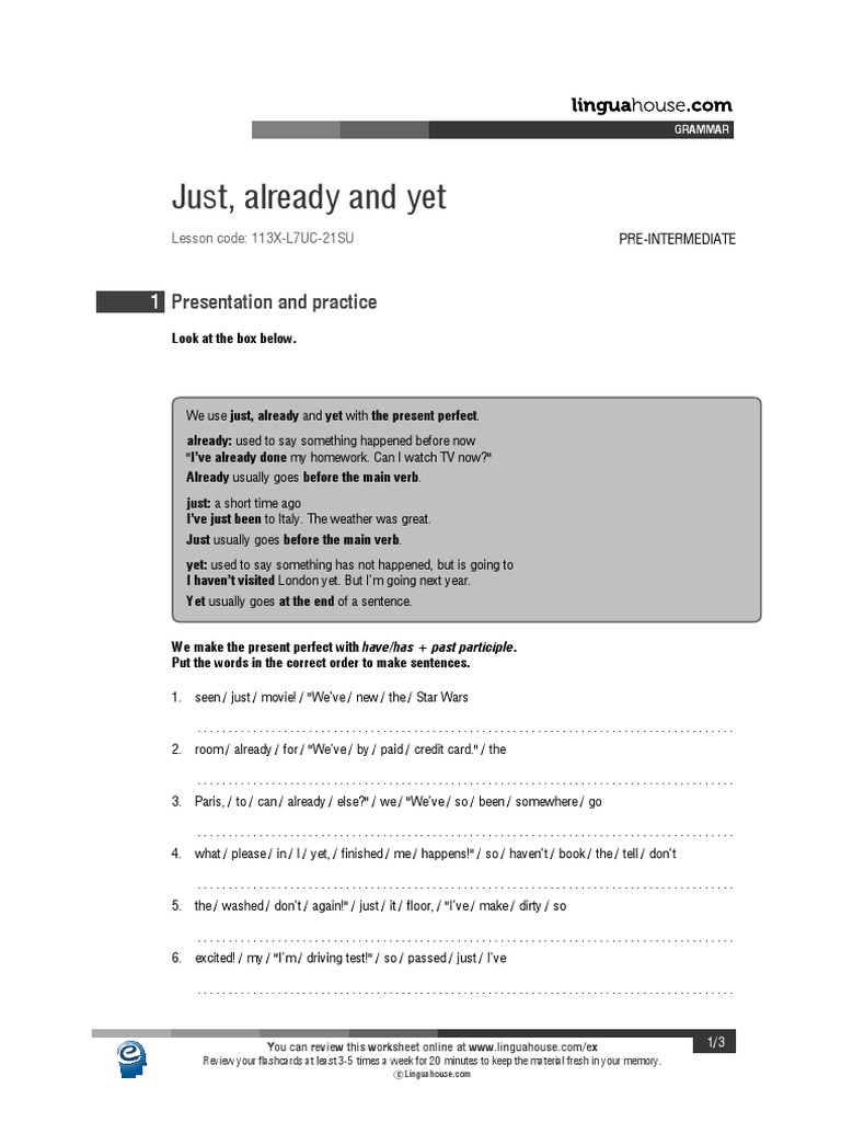 Just Already and Yet British English Pre Intermediate Group | PDF