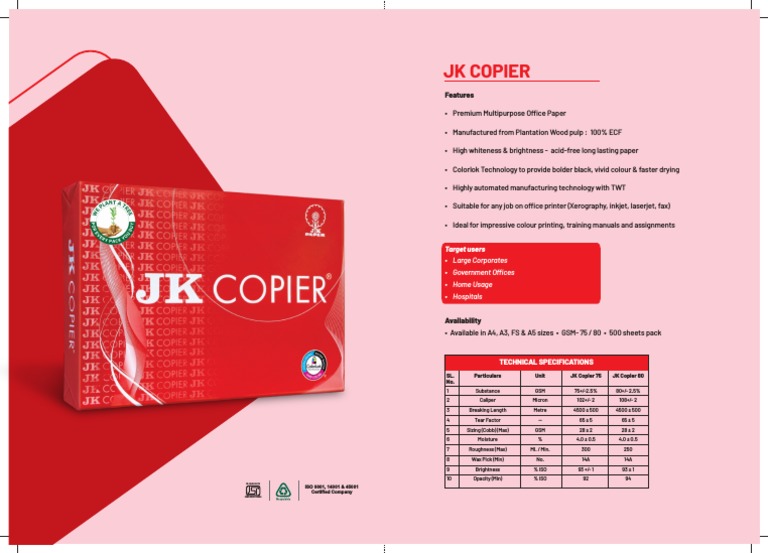 High Quality Multipurpose Office Paper Technical Specifications and