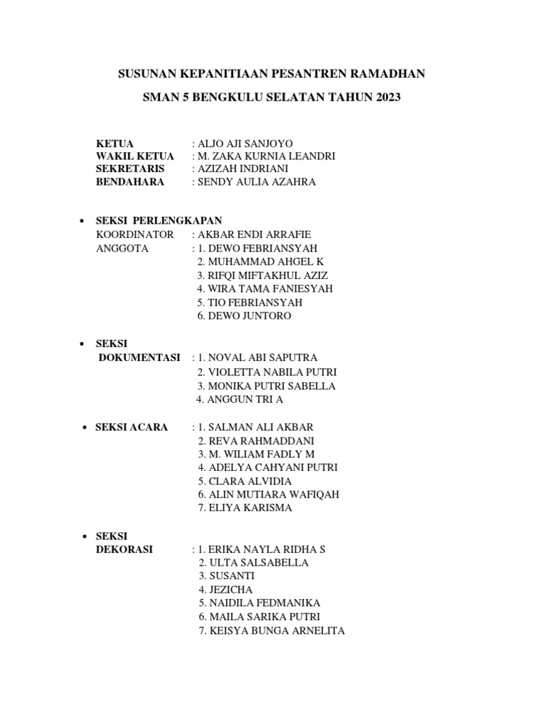 Susunan Panitia Pesantren Ramadhan 2023 | PDF
