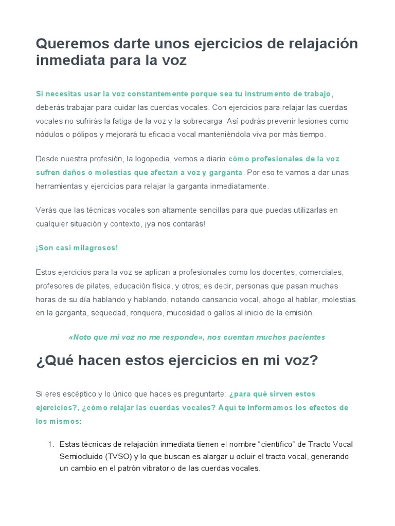 Ejercicios de Relajación Inmediata para La Voz | PDF | Sonido | Vocal
