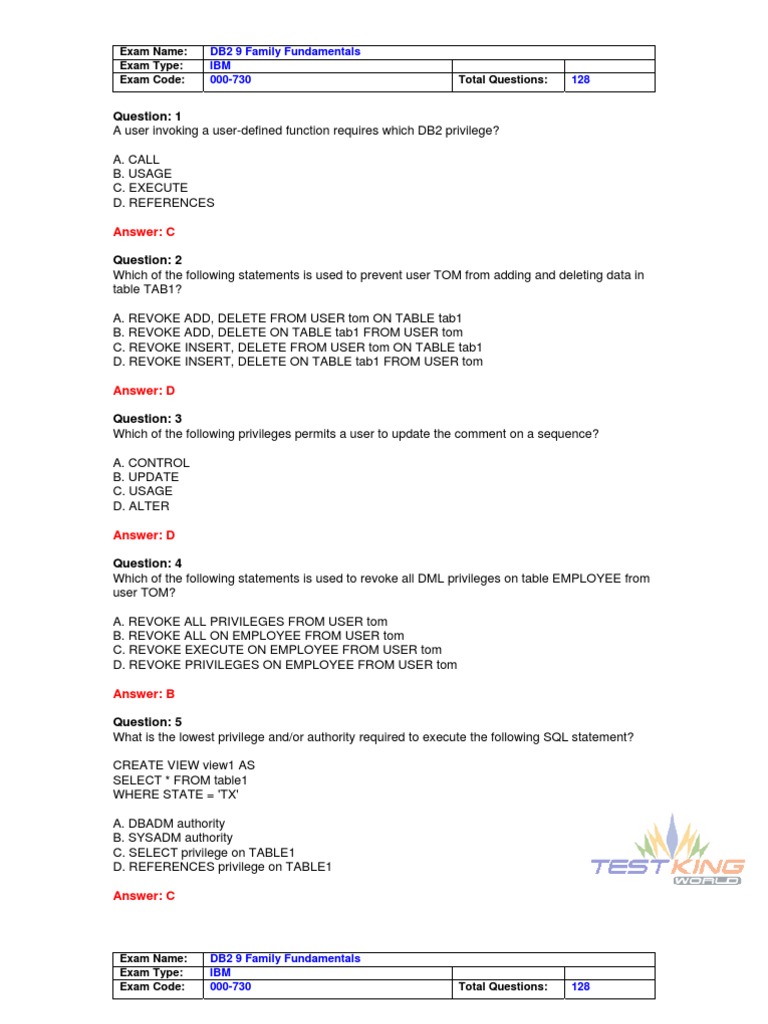 DB2 9 Family Exam 000-730 Overview | PDF | Ibm Db2 | Sql
