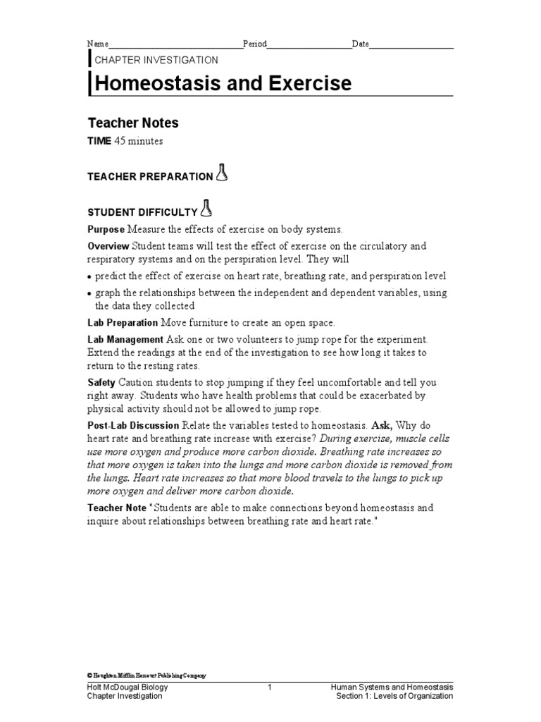 Homeostasis and Exercise Lab 2016 PDF Breathing Heart Rate