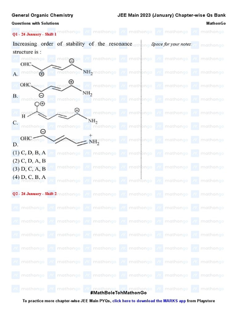 General Organic Chemistry JEE Main 2023 January Chapter Wise Questions ...
