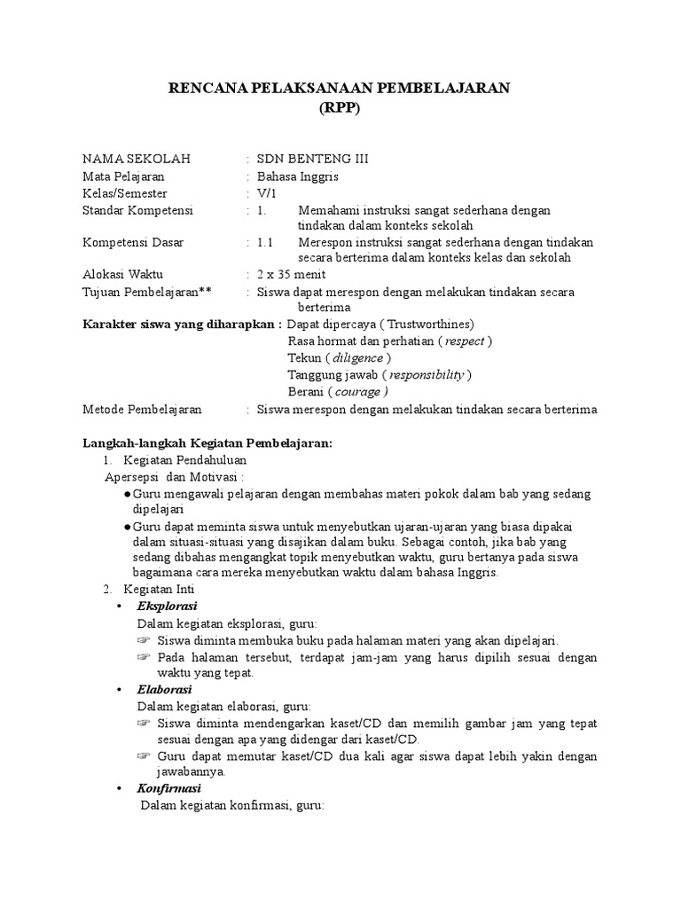 Contoh RPP Bahasa Inggris SD Kelas V Semester 1 PDF | PDF