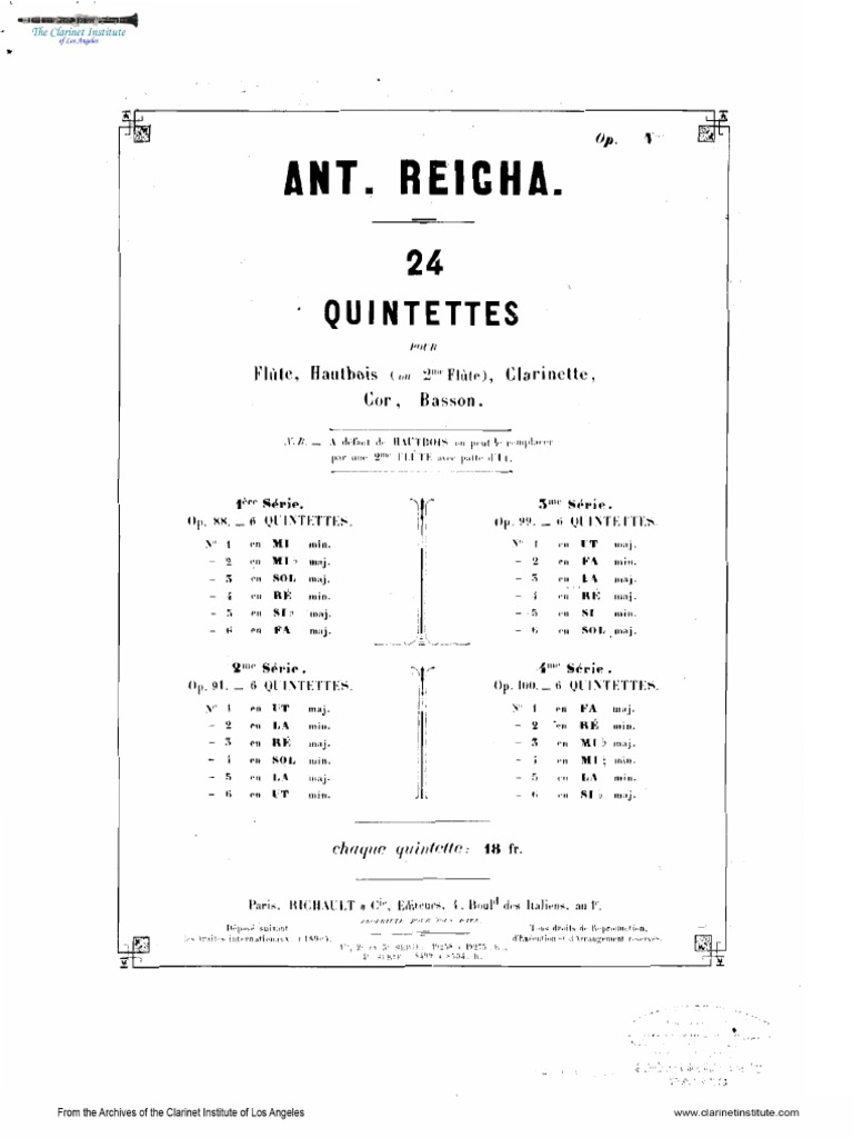 Institute) Reicha, Anton Quintet, Op. 91, No 2 PDF