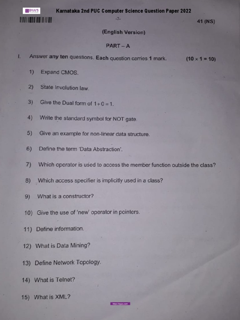 Karnataka 2nd PUC Computer Science Question Paper 2022 PDF PDF