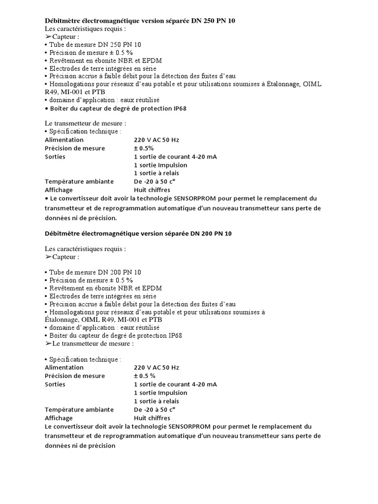Débitmètres Électromagnétiques DN 250/200 | PDF | Technologie et ingénierie