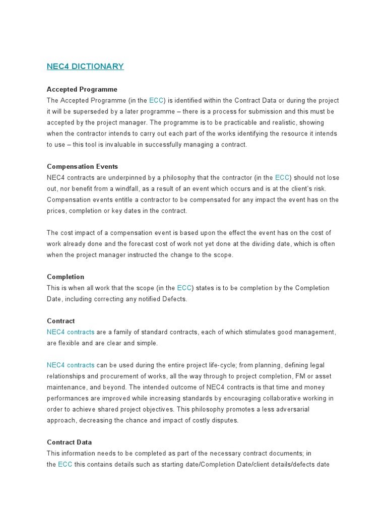 Understanding key concepts and terms in nec4 contracts pdf business