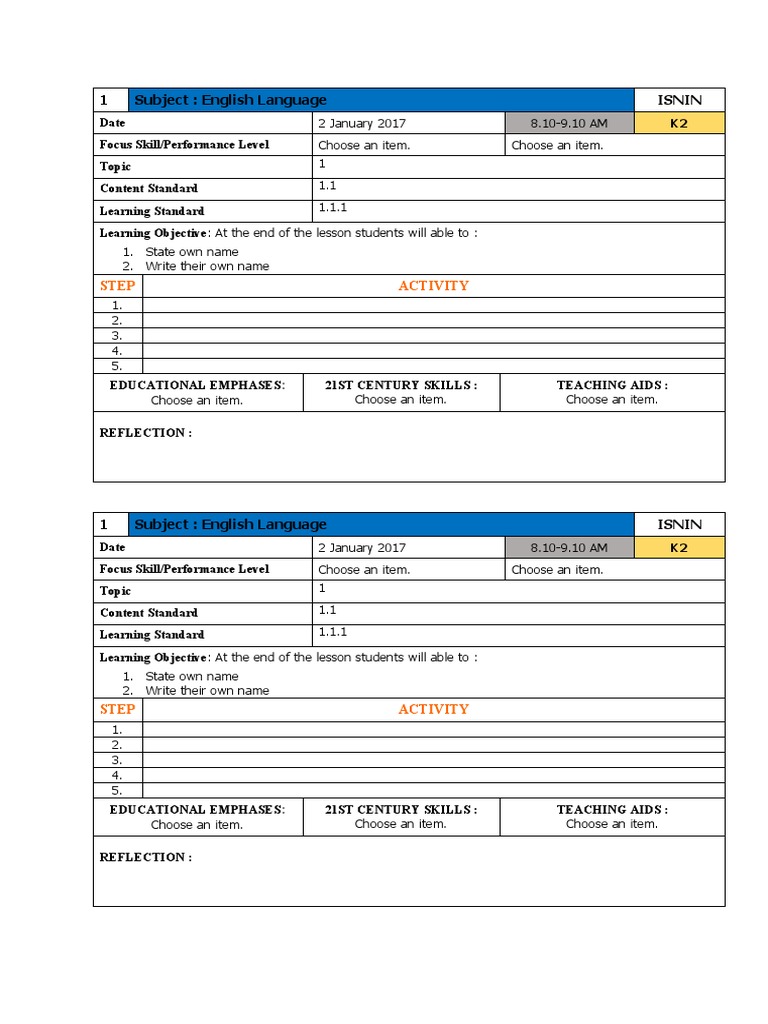 English Language Lesson Plan for K2 | PDF
