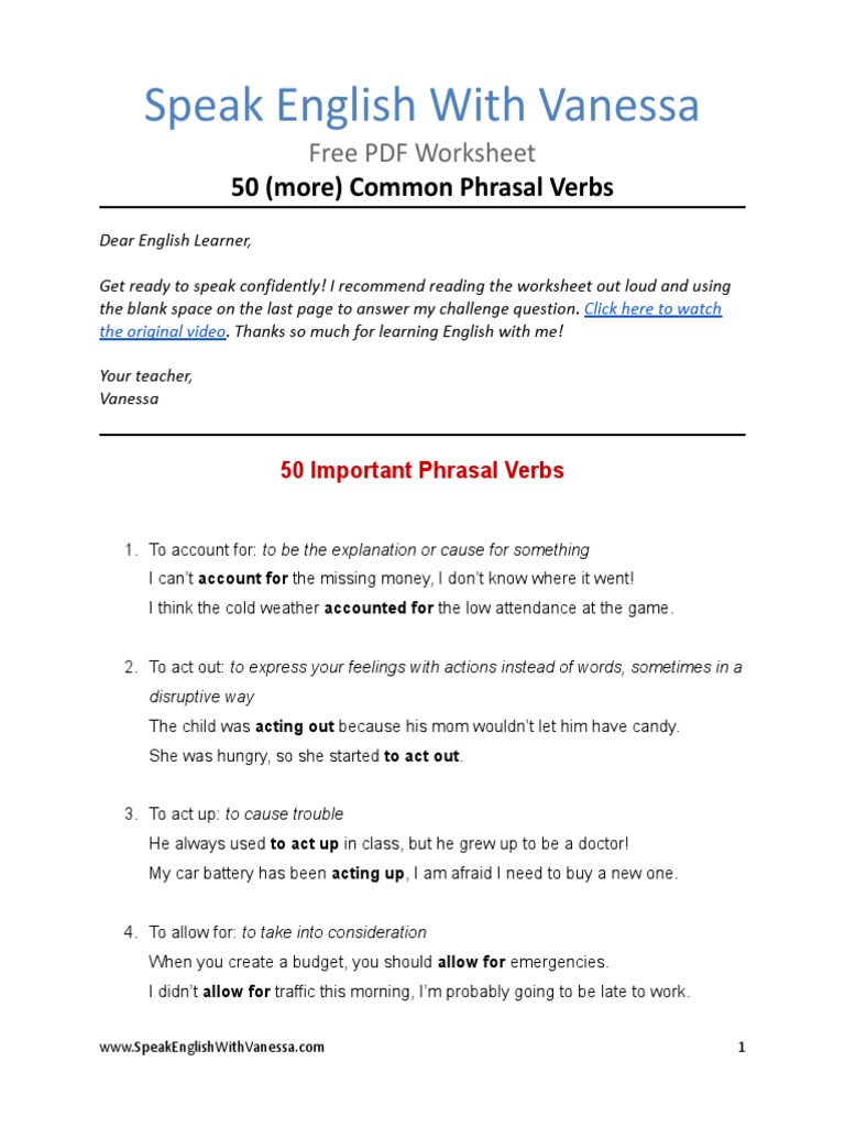 50 Important Phrasal Verbs - SpeakEnglishWithVanessa | PDF | English ...