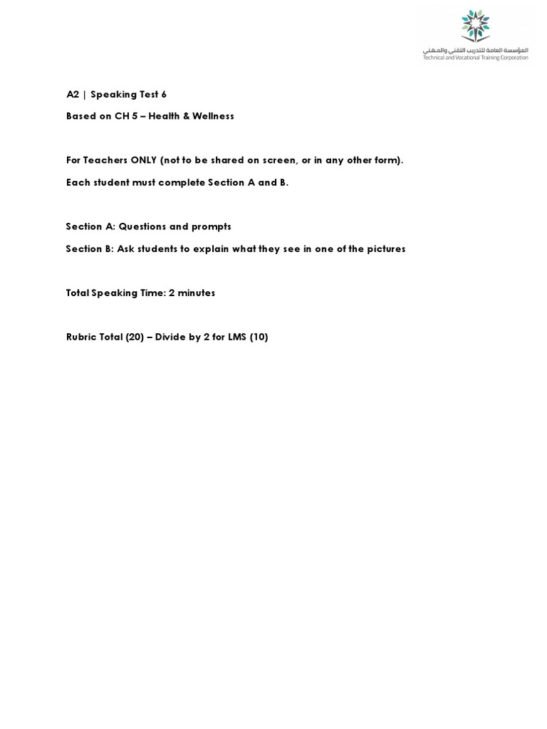 A2 Speaking Test 6 Teacher Copy Pdf