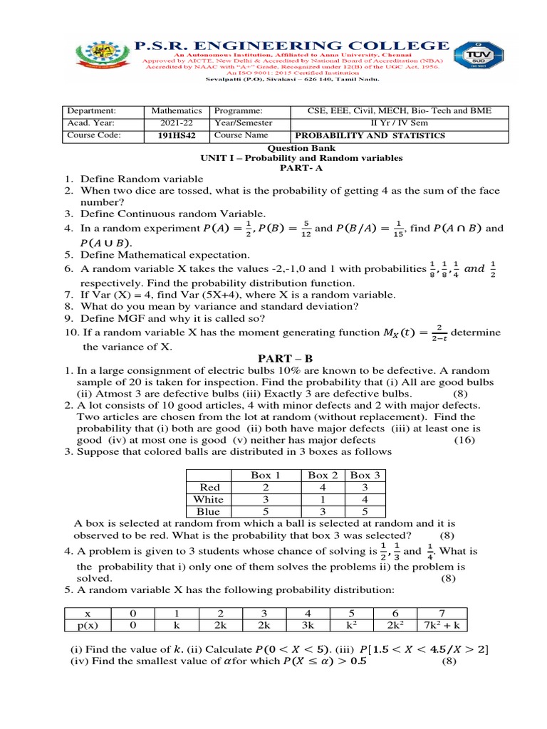 Probability And Statistics Question Paper