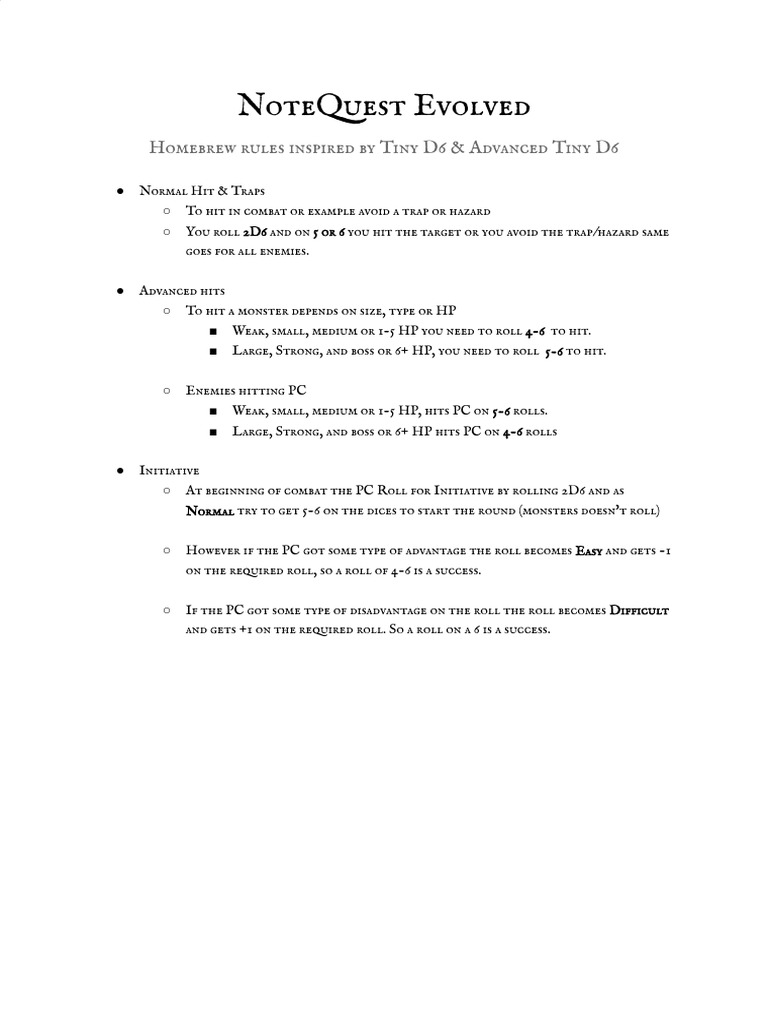 NoteQuest Evolved Homebrew Rules PDF PDF