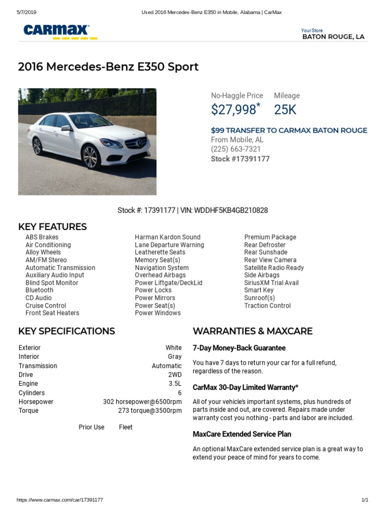 Used 2016 MercedesBenz E350 in Mobile, Alabama CarMax PDF Wheeled Vehicles Land Vehicles