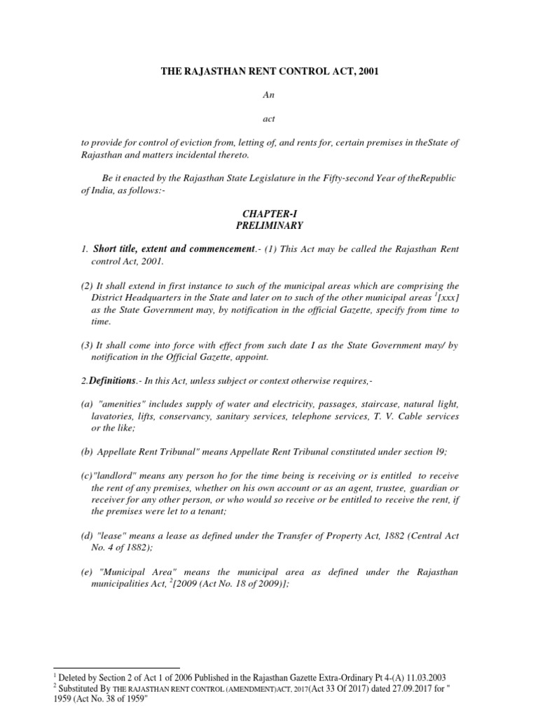 Rajasthan Rent Control Act 2001 With Amendments PDF Leasehold
