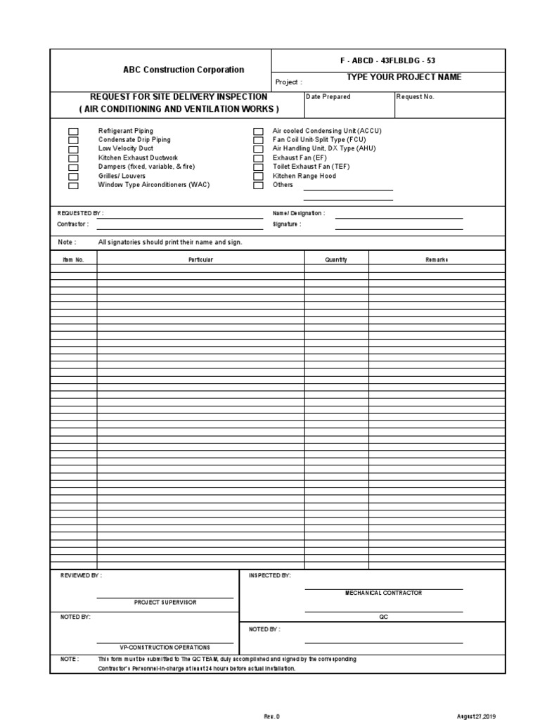 Site Delivery Inspection Request Form | PDF | Air Conditioning | Duct ...