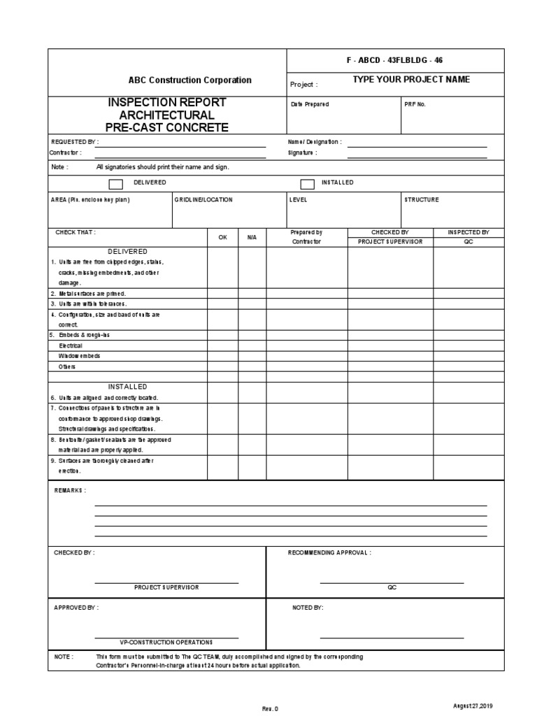 PRECAST CONCRETE PLANT INSPECTION CHECKLIST visual data 2