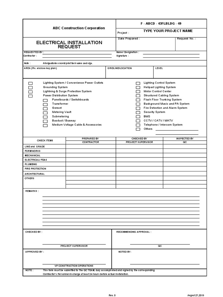 Electrical Installation Request Form | PDF | Manufactured Goods ...