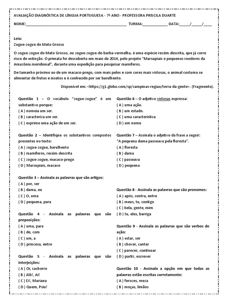 Atividade de Portugues Substantivos 7o Ano Word | PDF