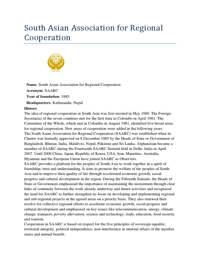South Asian Association For Regional Cooperation PDF | PDF ...